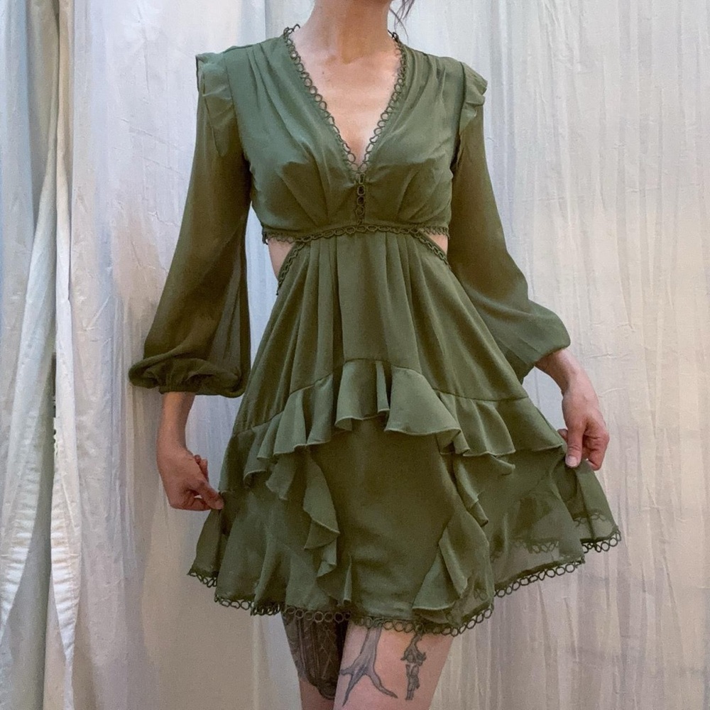 Green Long Sleeve Ruffle Mini Dress Side and‎ Back Cut Out V-Neck
